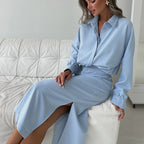 Women Cotton Split Skirt Office Collared Long Sleeve Cardigan Top Two Piece Set