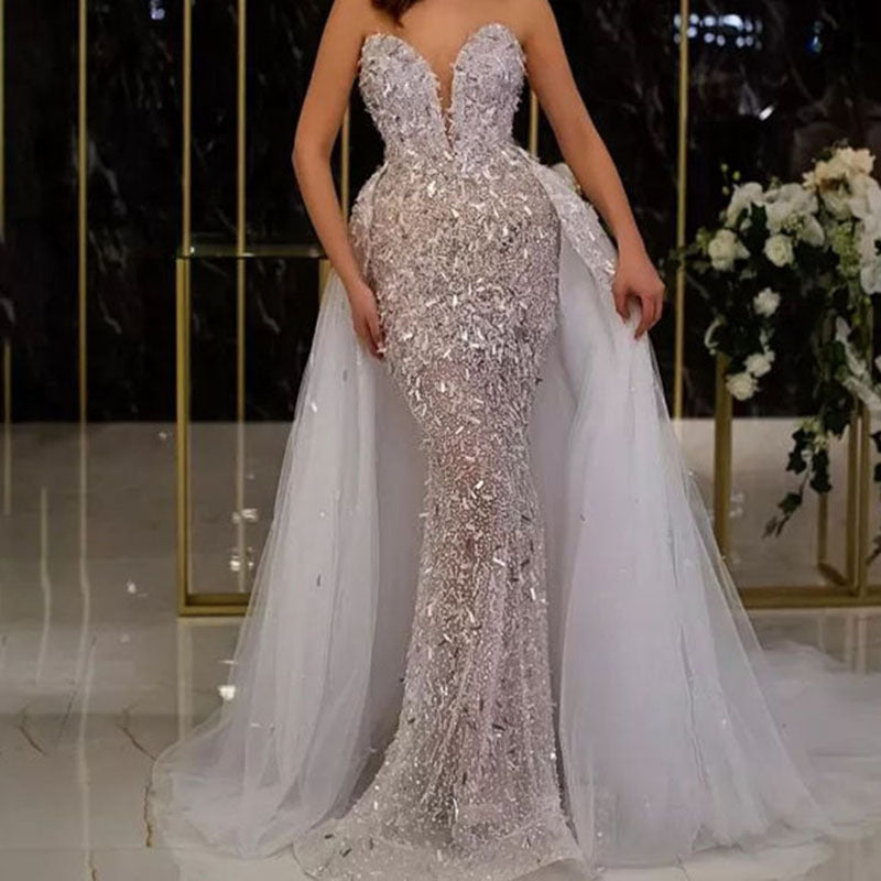Robe d'été pour femme, robe longue sans manches à sequins et à traîne en résille