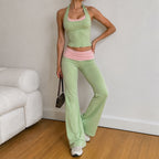 Casual Contrast Color Halter Sports Set Sexy Backless Slimming Low Waist Suspender Trousers Two Piece Set LingSharp