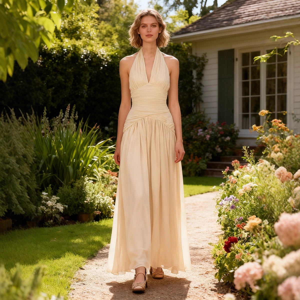 Halter Deep V Plunge High Waist Dress Autumn High Grade Sleeveless Waist Slimming Dress Sailfish