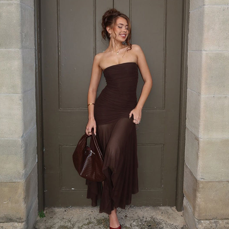 Vestido de mujer con cuello halter, sexy, de primavera, con costuras de malla y top de tubo