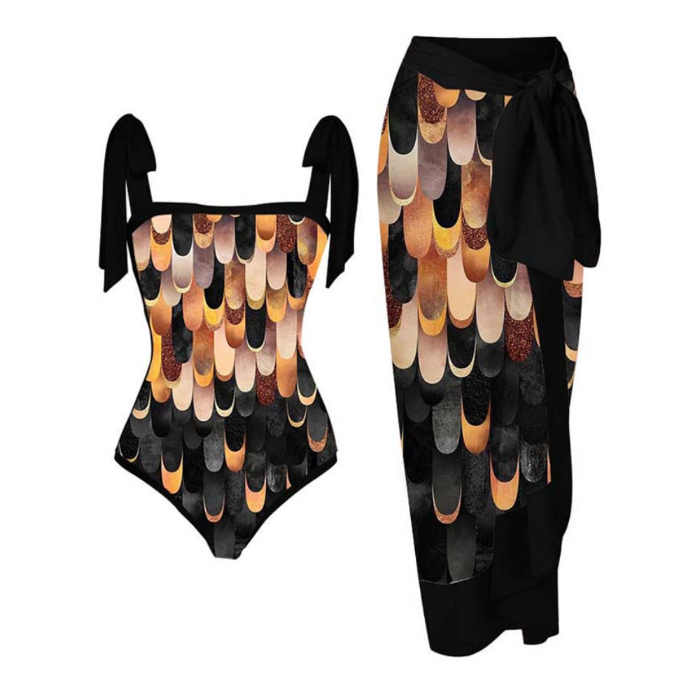 Traje de baño de dos piezas con falda de gasa y estampado multicolor para mujer, antiexposición y protección solar.