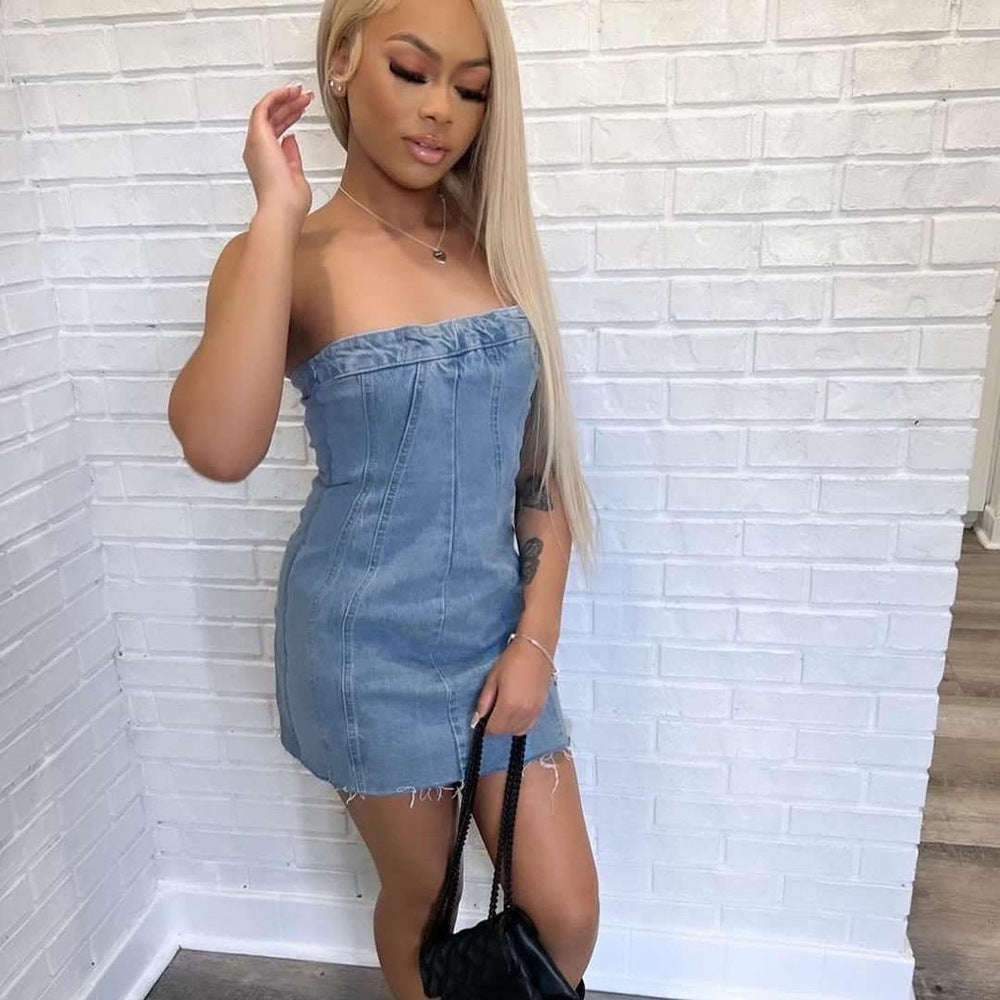 Vestido vaquero sexy de primavera y verano con espalda descubierta y lavado en el pecho para mujer
