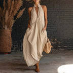 Summer Ladies Sleeveless Stand Collar Solid Color Long Vacation Dress NICE