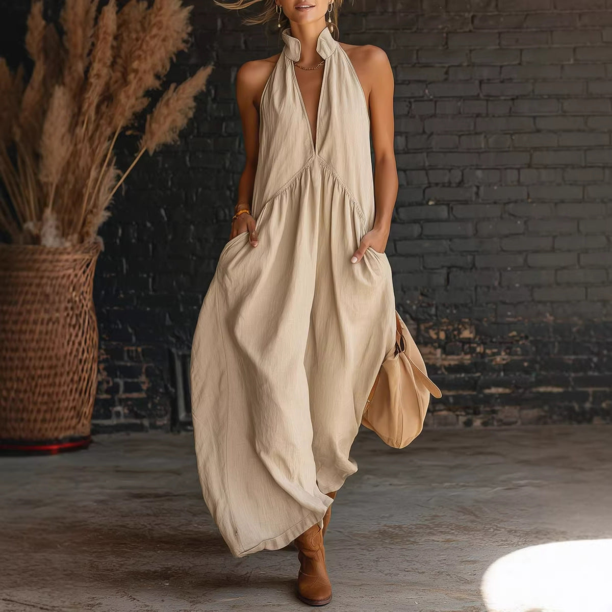 Summer Ladies Sleeveless Stand Collar Solid Color Long Vacation Dress NICE