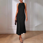 Vestido de satén para mujer, ropa de primavera y verano, sin mangas, con abertura, de satén y seda sintética.