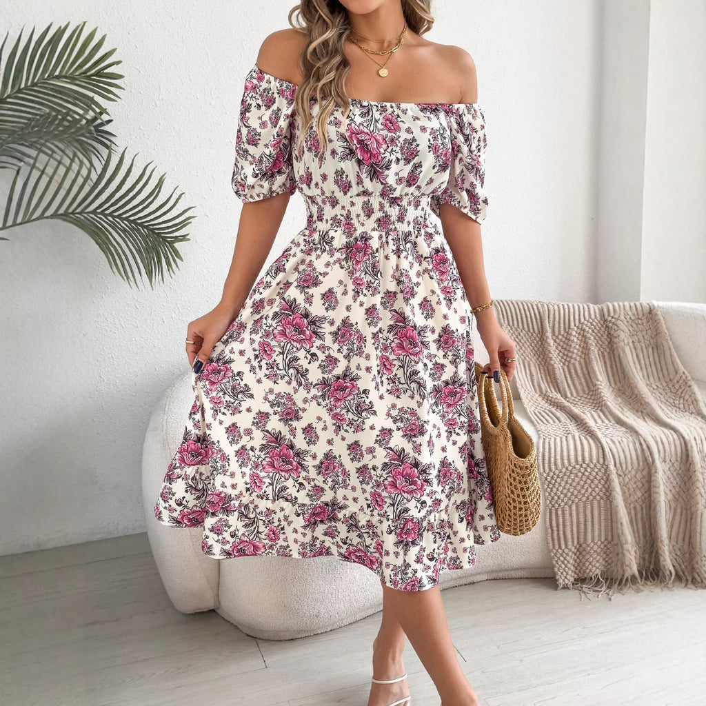 Spring Summer Off shoulder Short sleeved Floral Ruffled Vacation One piece Dress Independent Site Women Clothing BAGIISA