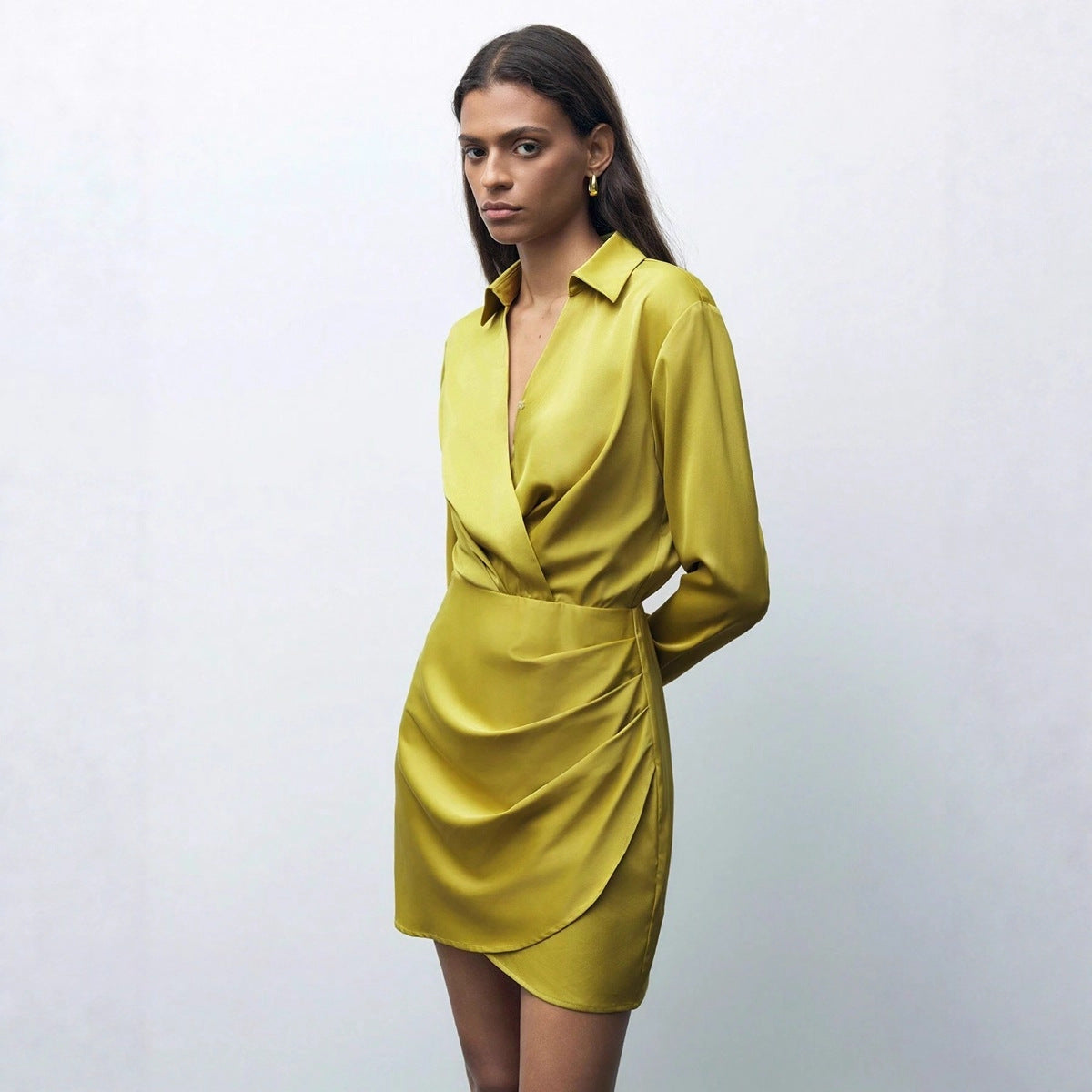 Women Clothing Fall Satin Dress Pleated All Match Satin