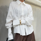 Court White Cotton Shirt Women Light Luxury Pleat Waisted Slim-Fit Long-Sleeved Collared Shirt FOREVEREIGHTEEN