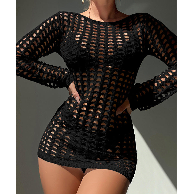 Sexy Slim Plaid Texture Pullover Hollow Out Cutout Beach Sun Protection Beach Cover Up Crochet hook