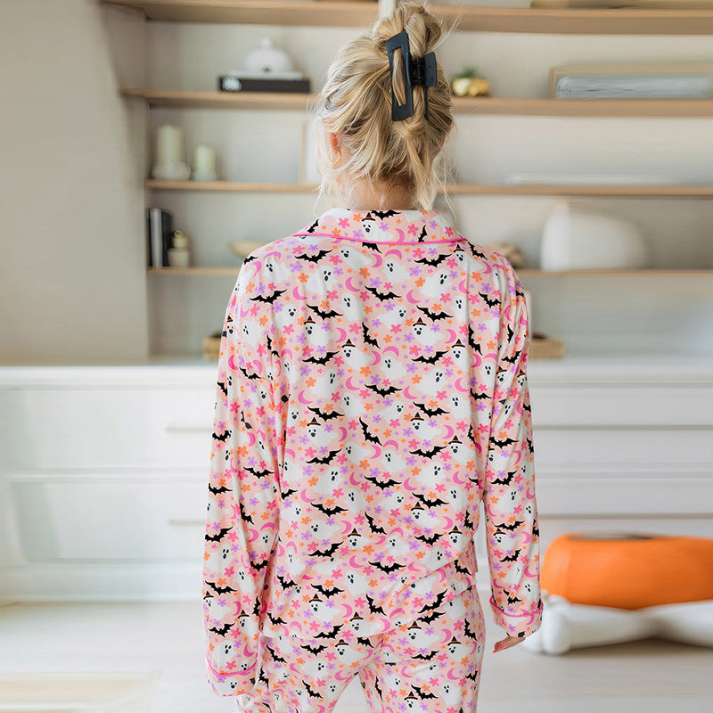 Conjunto de pijama informal con varios botones para mujer, bonito y reductor de edad, con estampado de Halloween, para el hogar