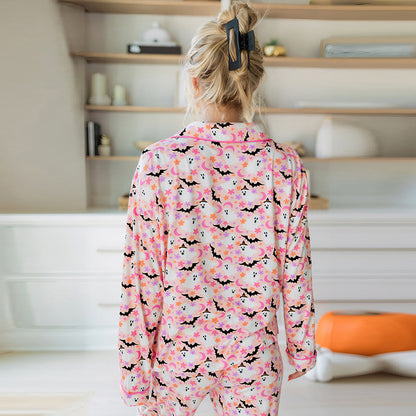 Conjunto de pijama informal con varios botones para mujer, bonito y reductor de edad, con estampado de Halloween, para el hogar