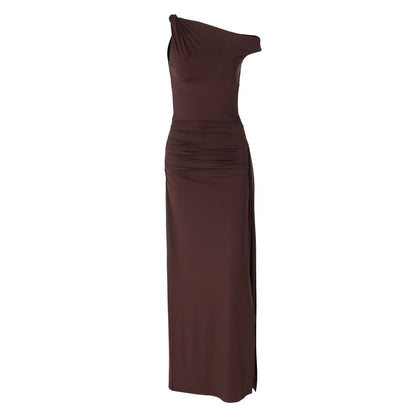 Women Clothing Spring Summer Slim Diagonal Collar Sleeveless Split Solid Color Dress Women
