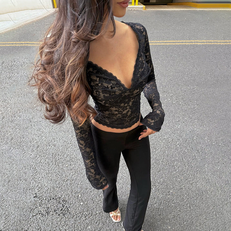 Autumn Sexy Hollow Out Cutout out V neck Lace See through Bottoming Top FREYA