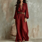 Bohemian Shirt Jumpsuit Graceful Puff Sleeve Wide Leg Long Jumpsuit with Belt Venly