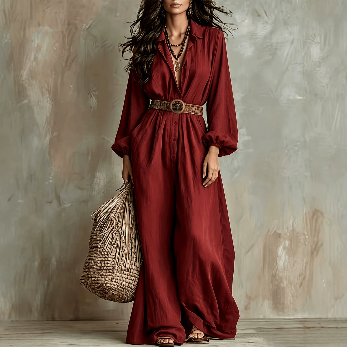 Bohemian Shirt Jumpsuit Graceful Puff Sleeve Wide Leg Long Jumpsuit with Belt Venly