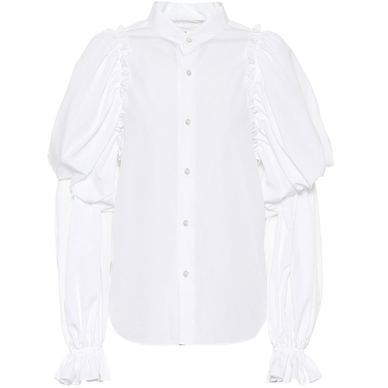 Camisa de mujer de manga larga con mangas farol Camisa de mujer blanca con cuello alto