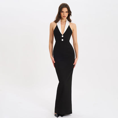 Spring Summer Elegant Collared Dress Sexy Backless Slit Slimming Dress