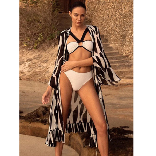 Traje de baño de bikini de tres piezas dividido para mujer, traje de baño ajustado y adelgazante de gasa