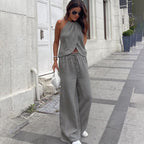 Summer Sexy Two Piece Suit Lace Up Halterneck Vest Sleeveless Top Women Wide Leg Pants Suit Kigali
