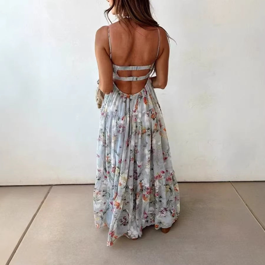 Bohemian Sling Floral Large Swing Dress Summer Chiffon Vacation Loose Flowy Dress Gemi