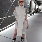 Vestido de otoño con capucha, manga larga, hombros descubiertos, asimétrico, irregular, transparente, para mujer
