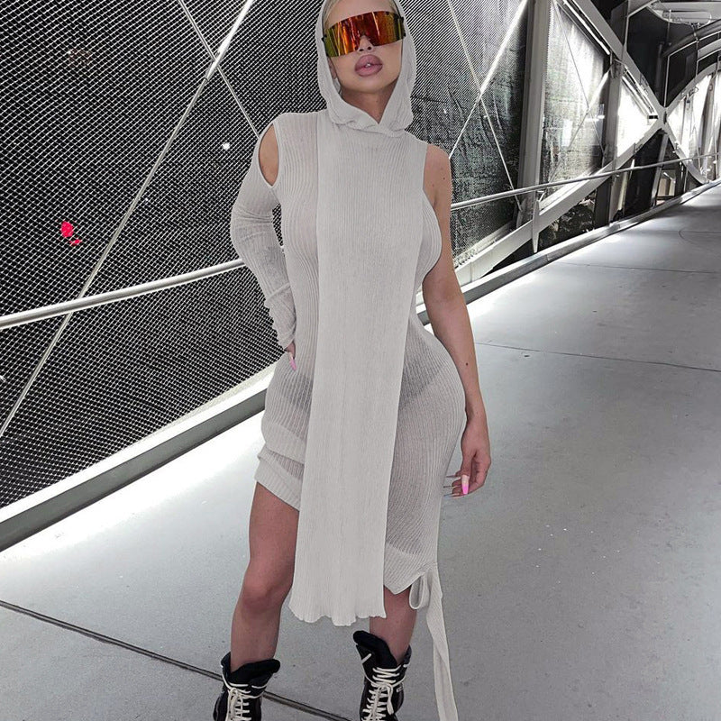 Vestido de otoño con capucha, manga larga, hombros descubiertos, asimétrico, irregular, transparente, para mujer