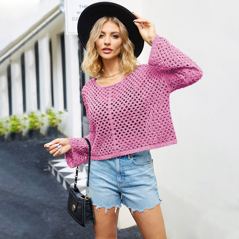 Suéter de punto con cuello redondo para mujer, ropa sexy con aberturas y aberturas, transparente, para primavera y otoño