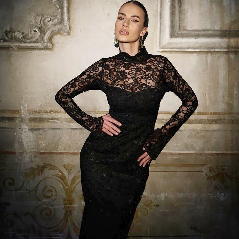 Robe d'été sexy à manches longues et coutures en dentelle pour femme
