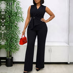 Summer Solid Color Sleeveless Collar Lace up Wide Leg Pants Jumpsuit Morn