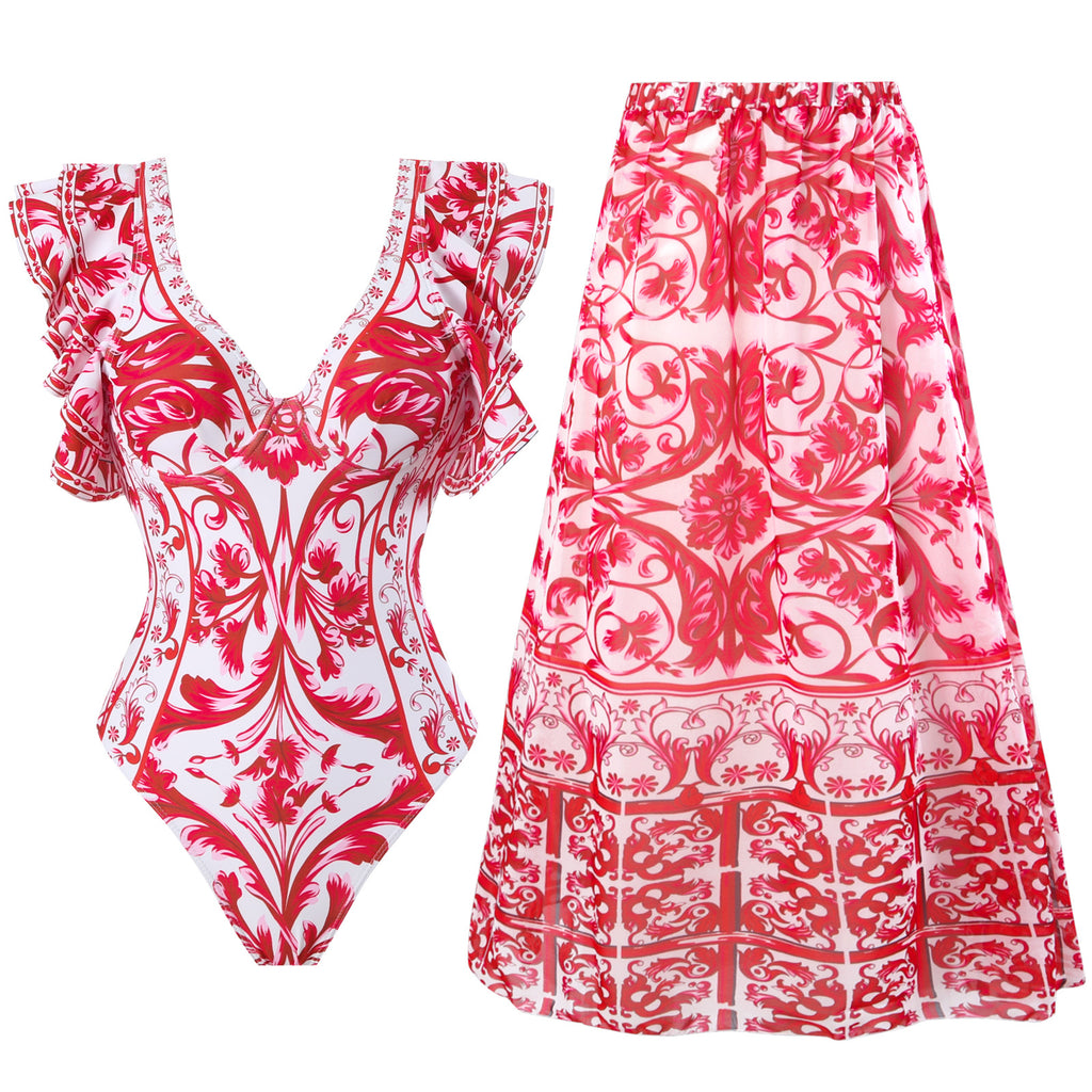 Traje de baño sexy de primavera para mujer, conjunto de falda cruzada con estampado cálido y conservador