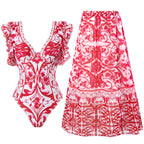 Traje de baño sexy de primavera para mujer, conjunto de falda cruzada con estampado cálido y conservador