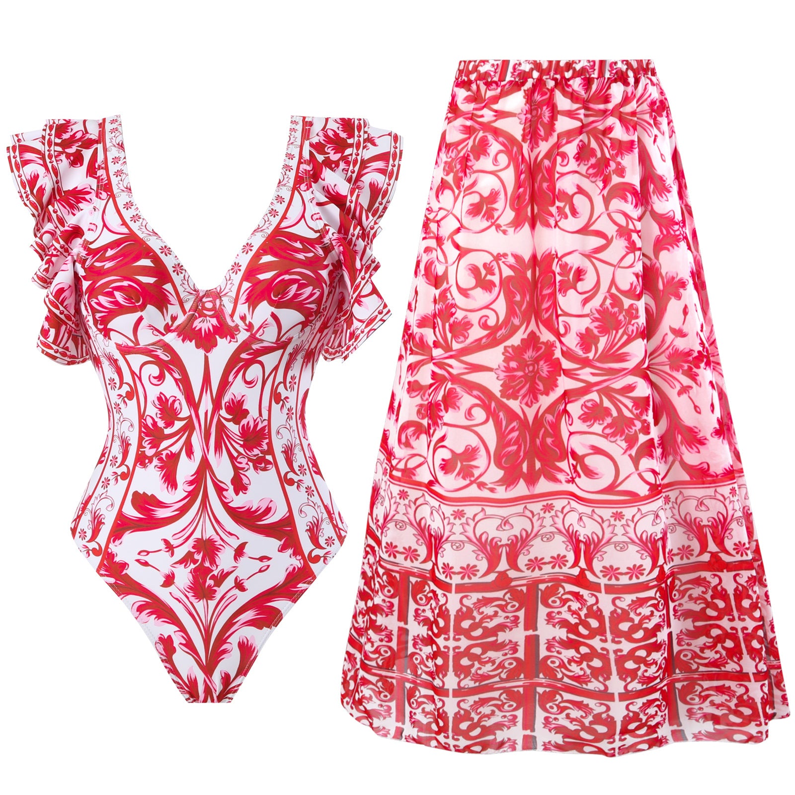 Traje de baño sexy de primavera para mujer, conjunto de falda cruzada con estampado cálido y conservador