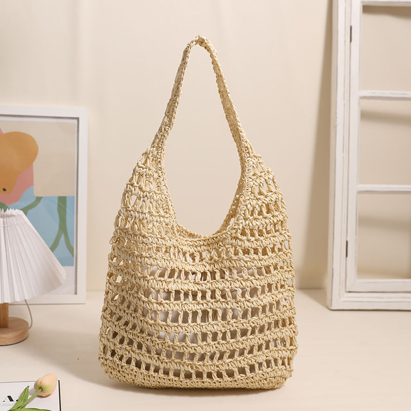Sac à bandoulière en paille de grande capacité, fourre-tout ajouré et découpé, sac en paille portable, sac tissé, sac de plage pour vacances en bord de mer 