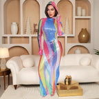 Vestido largo con capucha y abertura alta para discoteca, sexy, para mujer
