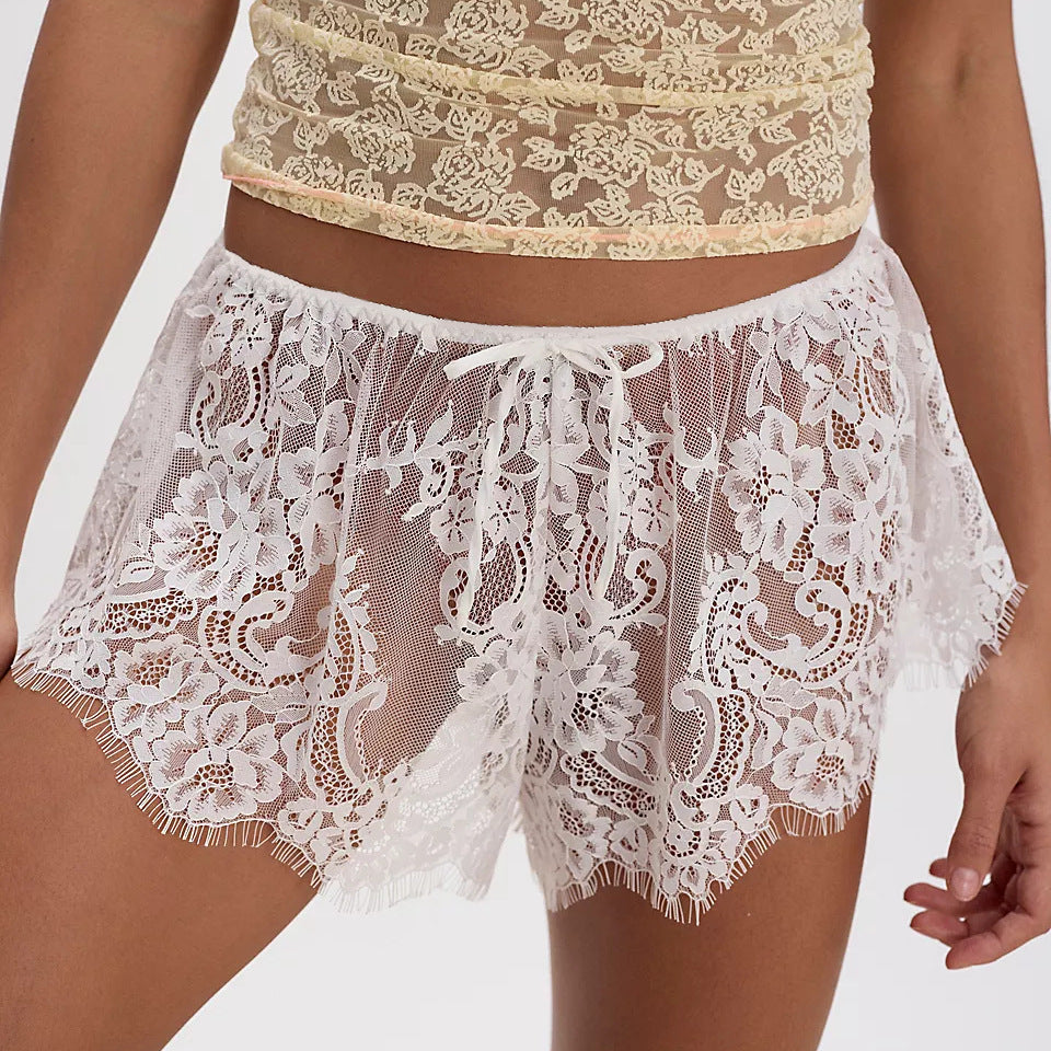 Women Sexy Lace See through Culottes Bow Tie Shorts Eedele