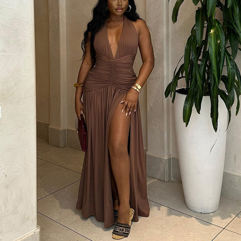 Women Clothing Solid Color Dress Sexy Sleeveless Deep V Plunge Neck Split Casual Waist Controlled Dress Kinci