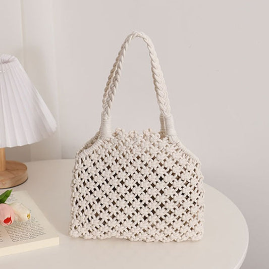 Bolso tejido de hilo de algodón con recortes huecos, bolso de verano para mujer con cordón de algodón, bolso de paja portátil de color sólido, bolso de playa para vacaciones 
