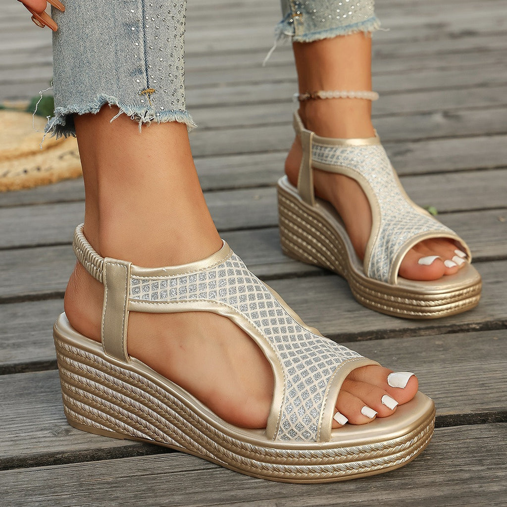 Online Open Toe Wedge Sandals Women Summer Casual Thick Soled Elastic Strap Beach Flip Flops on ZUIMEI