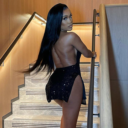 Vestido corto adelgazante con cuello halter, sexy, sin espalda y con aberturas para mujer de Fried Street