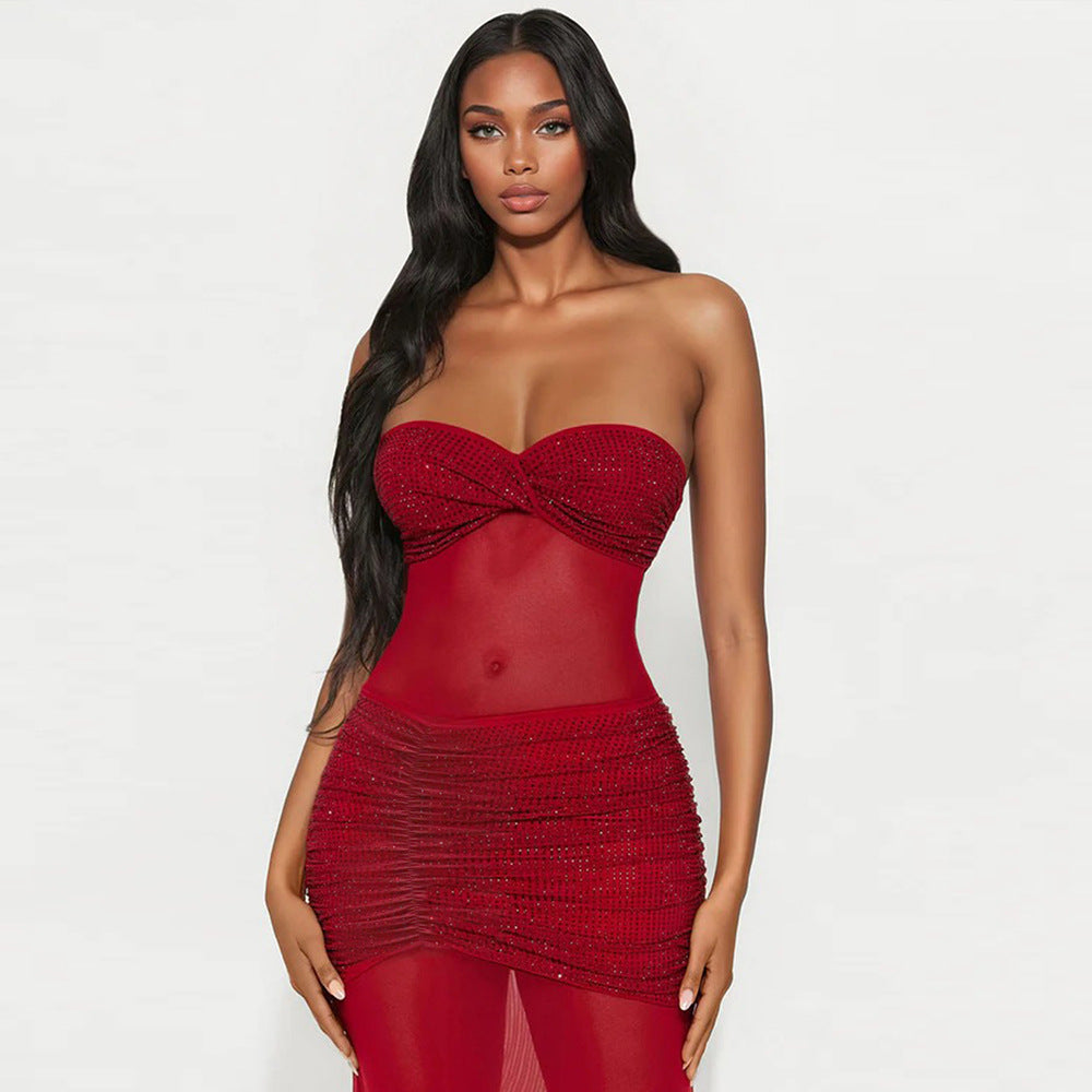 Tube Top Milk Silk Stitching Mesh Drilling Party Hip Wrapped Long Dress Coya