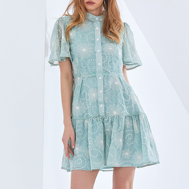 Early Spring Elegant Stand Collar Short Sleeve Printed Short Dress Plus Size Tiered Dress BOCAS