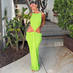 Women Clothing Summer Solid Color Sexy Elegant Sleeveless Sling Bare Back Pleated Slim Dress HONEYBADGER