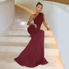 Women Elegant One Shoulder Maxi Dress Solid Color Slim Fit Socialite Cocktail Evening Dress LingSharp