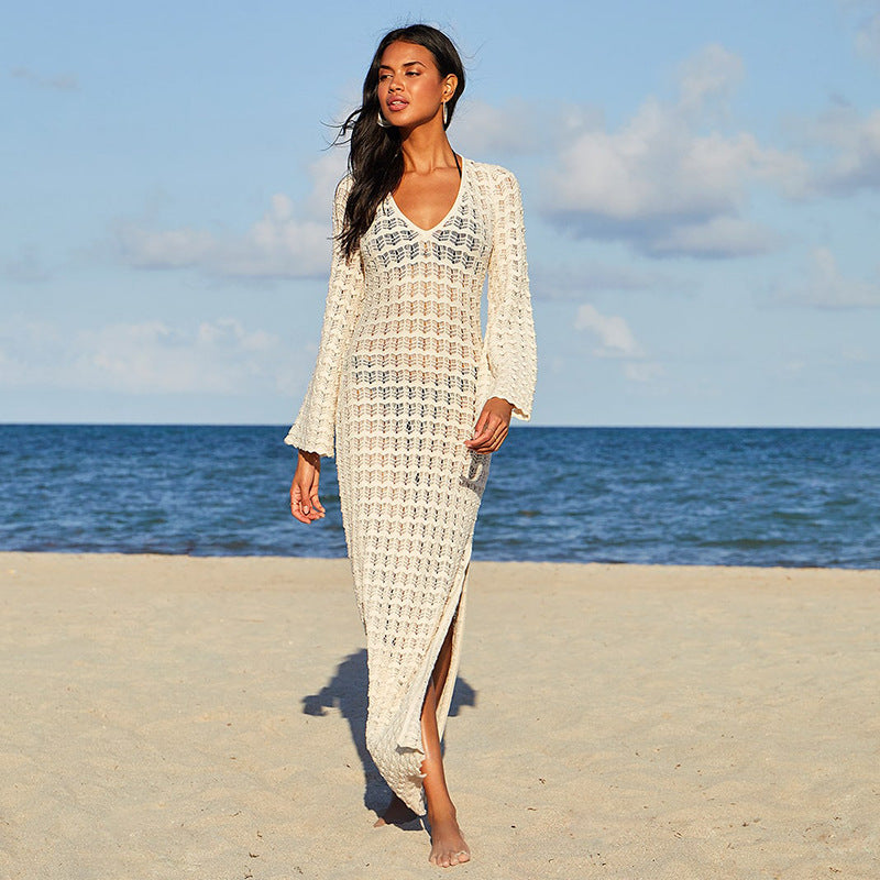 Summer Beach Dress Women Solid Color Sexy Knitted Hollow Out Cutout Beach Bikini Swimsuit Cover-up Sun Protection Clothing Split Crochet hook