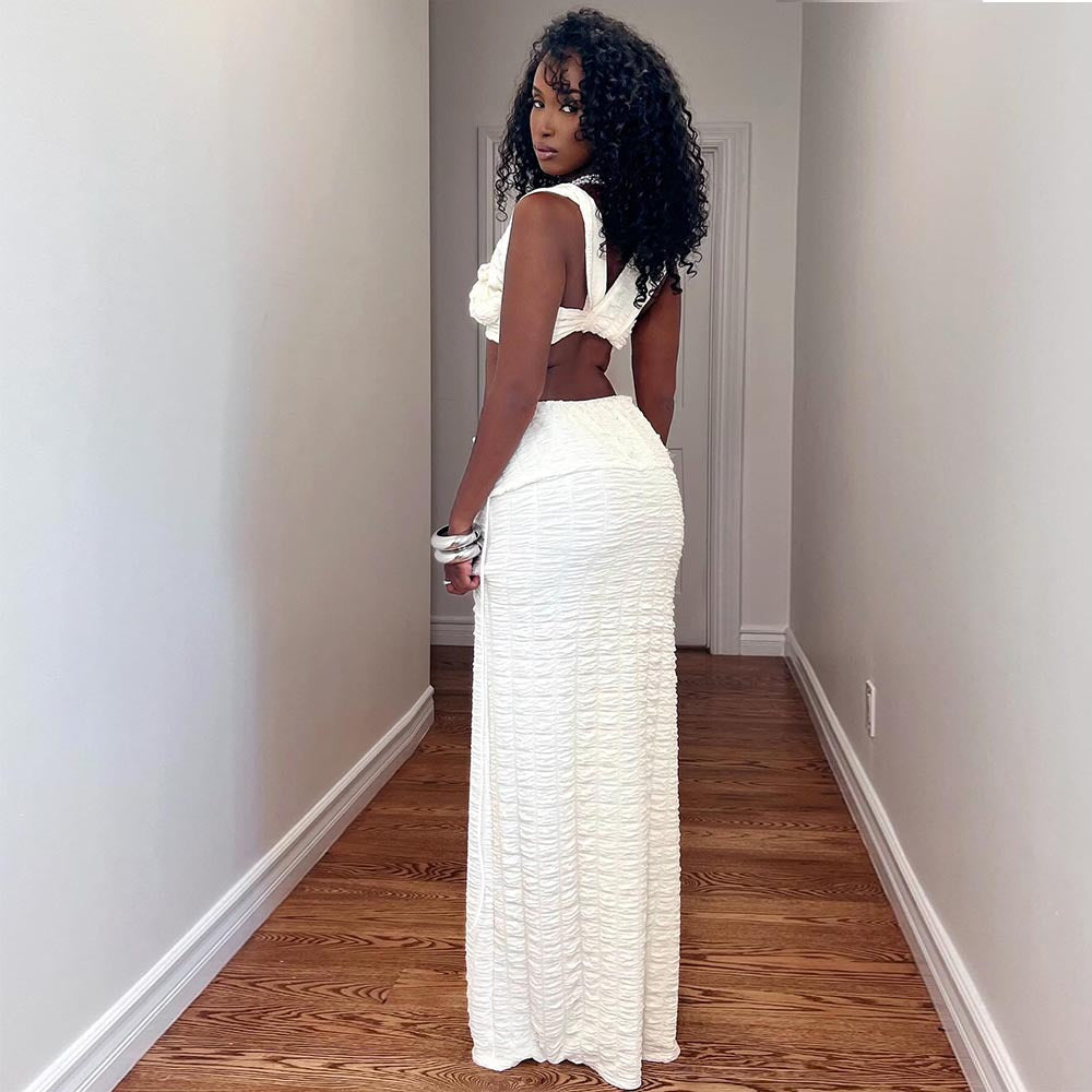 Women Clothing Autumn Lace up Cropped Pleated Sexy Skirt Set