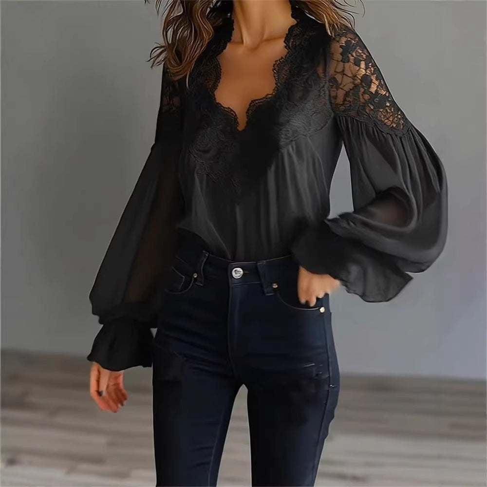 Women Lace Stitching Puff Sleeve Pleated Shirt NICE