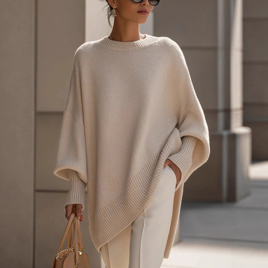 Suéter de cuello redondo para mujer, suéter holgado y holgado de color liso para otoño e invierno