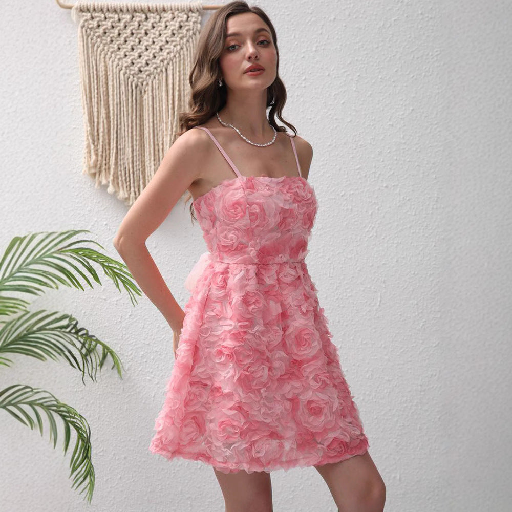Summer Three Dimensional Rose Embroidered Sweet Elegance Suspender Strap Bow Dress for Women CHARM