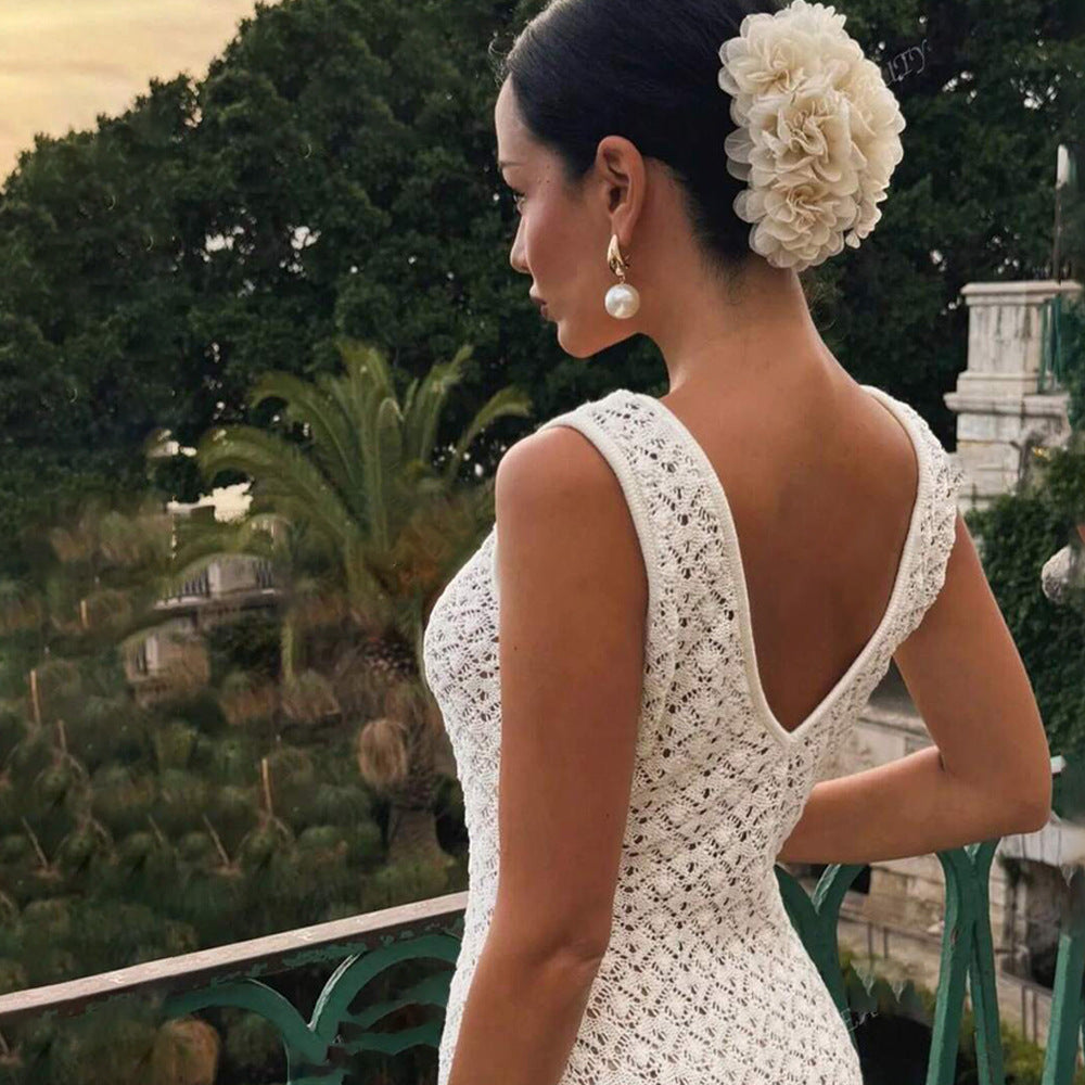 Vestido de verano sexy sin mangas con aberturas, de punto, para playa, sin espalda, de alta calidad para mujer